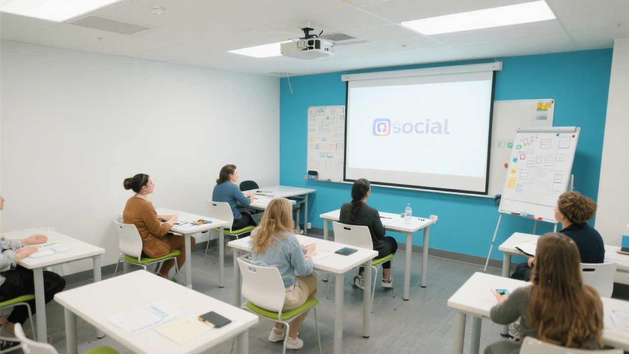 Bright classroom with a projector, whiteboard, and spaced seating for participants, designed for interactive social media training and collaborative campaign planning.