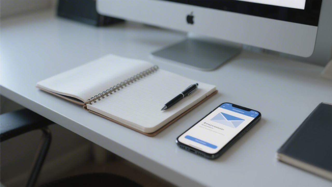 Professional desk with a notebook, pen, and smartphone displaying an email draft, representing a calm and organised contact environment for business enquiries.