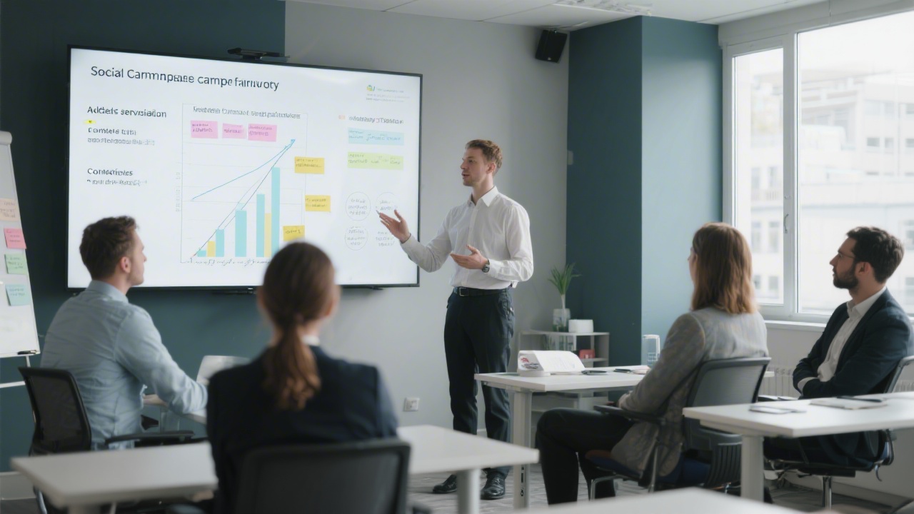 Modern training space with a presenter explaining a social media campaign framework to a small professional group, showing large screen charts and notes about audience segmentation and content testing.
