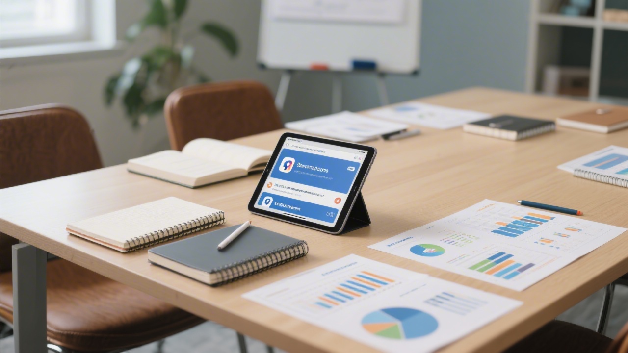 Consultation table with notebooks, performance reports, and a tablet showing social media ads, illustrating a structured training session focused on campaign planning and analytics.