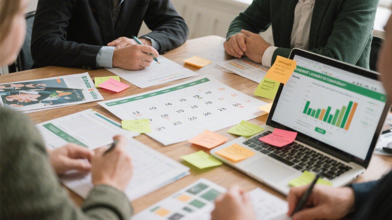 Strategic planning session with printed campaign calendar, sticky notes, and a laptop showing Irish audience analytics, highlighting a structured approach to social media content planning.