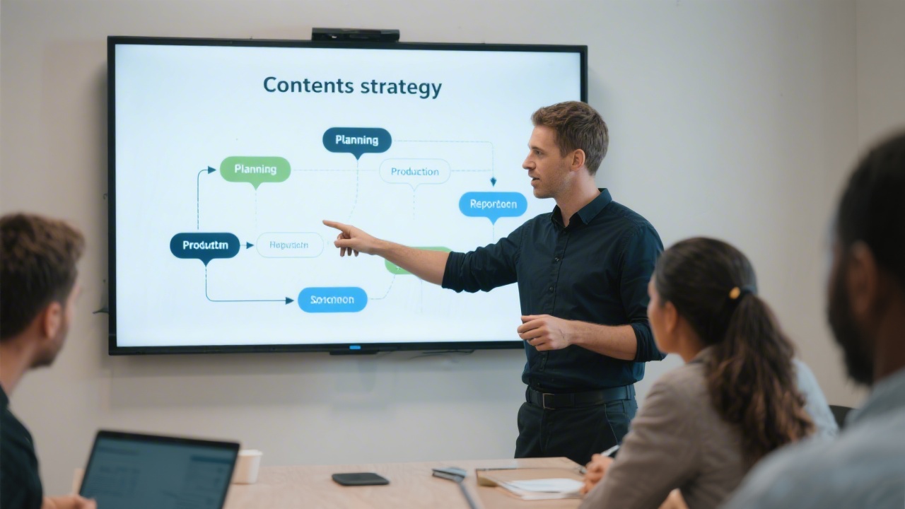 Trainer pointing to a digital whiteboard showing a content strategy flowchart, guiding participants through the steps of planning, production, and reporting.