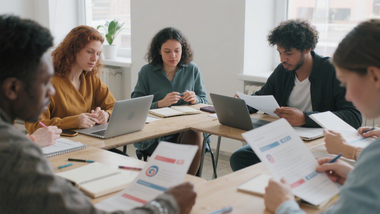 Small group workshop with participants collaborating over notebooks and laptops while reviewing social media content drafts, showing an interactive learning session with practical tasks.